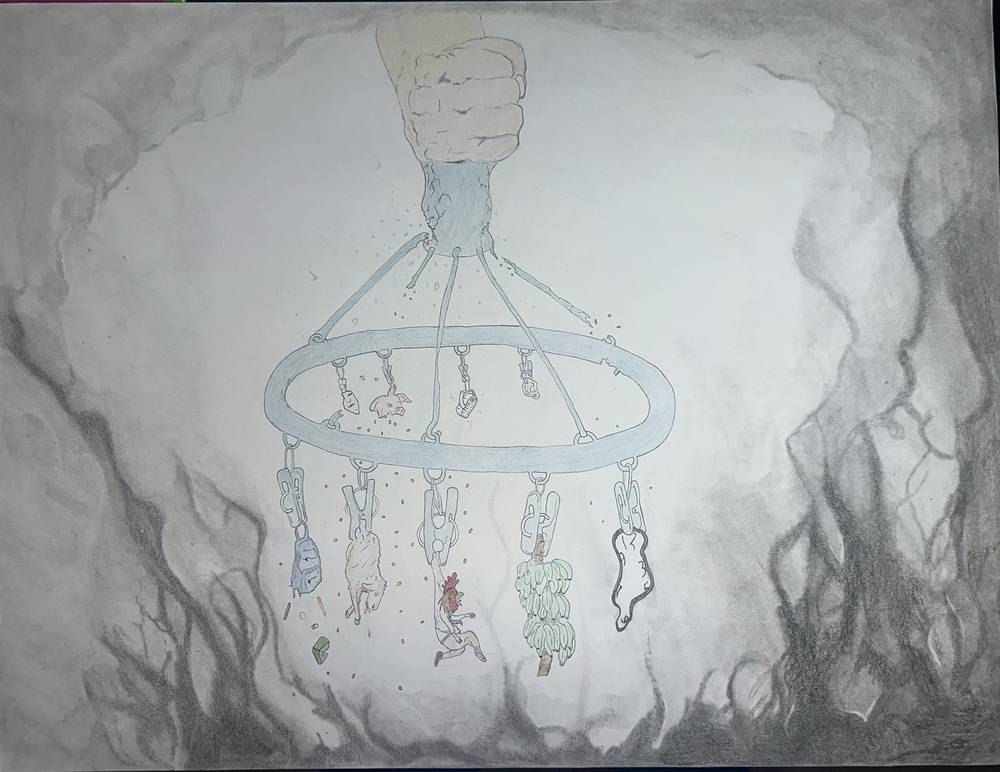 La Pelcha — obra completa en carboncillo y lápices de color